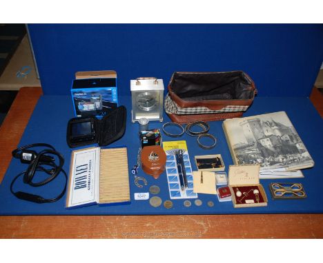 A quantity of miscellanea including a Garmin sat-nav, a gentleman's toilet bag, cuff links, arm bands, a Stratton golf ball a
