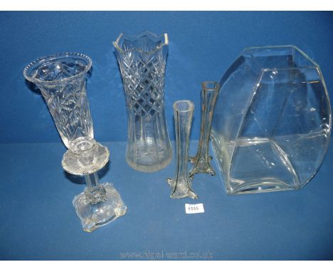 A quantity of glass including vases, candlestick, square design modern vase a/f, bud vases, etc.