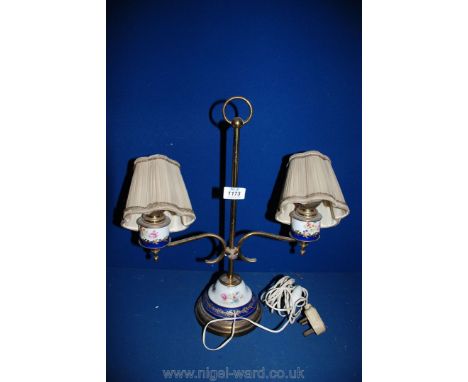 A double brass and ceramic electric Lamp with shades, 17'' high overall.