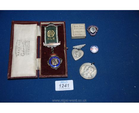 A Silver and enamel Masonic Medal, 1935 commemorative medal, enamel badges, etc.,