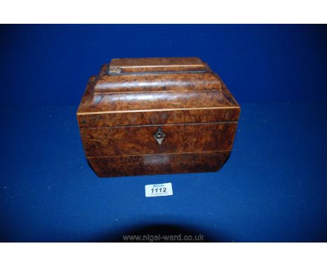 A Burr wood veneered sarcophagus Tea Caddy with two compartments, (missing escutcheon and handles), 8'' x 6 1/4'' x 4 1/2''.