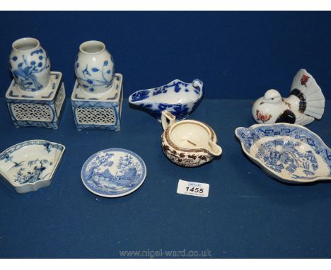 A quantity of blue and white china including small modern 3" Spode plate, oriental vases, an old Willow small leaf dish with 