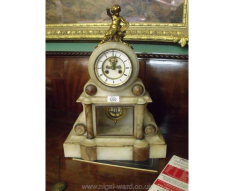 An impressive Alabaster cased Mantel Clock, the putto surmounted drum-shaped enclosed movement by ''Japy Freres &amp; Ce., Me