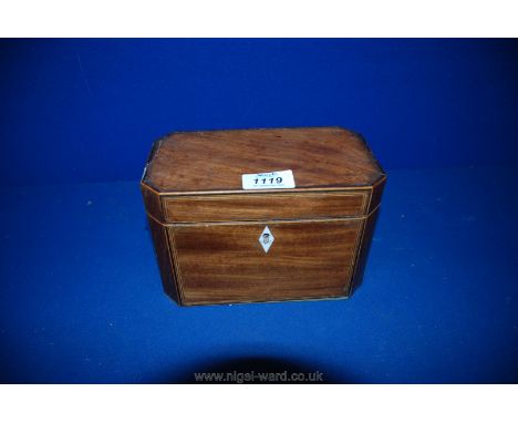 A two compartment Tea Caddy with marquetry edging (linings to caddies missing), some damage to edges, 7 1/2'' x 5'' x 4''.