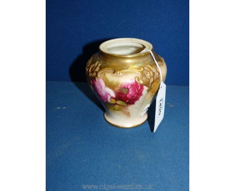 A small rose decorated Royal Worcester Pot, 4" high, (lid missing), some rubbing to the gilt, and crazing