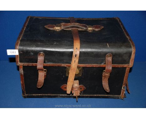 A small black leather Trunk with brown leather stitching and strap, 17 1/2'' x 13''.