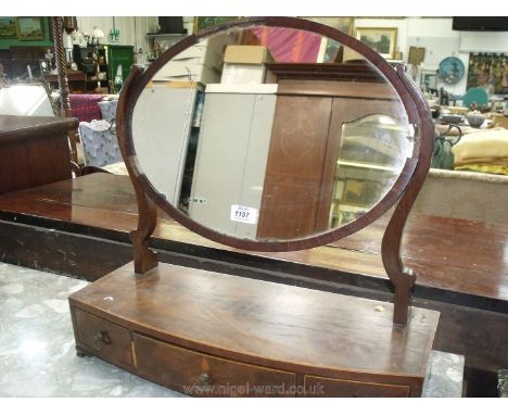 A 19th c. Oak, Mahogany veneered lightwood strung and cross-banded bow-fronted base Swing Mirror with three trinket drawers a