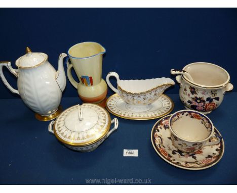 A Beswick handcrafted hand-painted Jug/vase (cracked to rim), Masons breakfast cup and saucer a/f and a small Masons soup tur