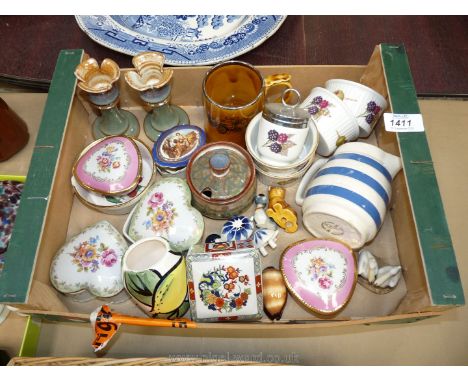 A quantity of china including hand thrown Welsh made candlesticks, heart shaped trinket pots, Royal Worcester Evesham ramekin