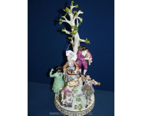 A good large mid-19th c. Meissen figure of The Peasant Musicians Beneath a tree after the model by Acier. Crossed swords and 