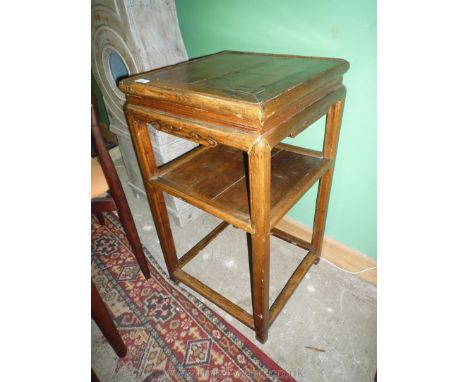 A Chinoiserie Oak and Mahogany occasional Table with lower shelf and base with perimeter stretchers, 17'' x 17'' x 30 1/2'' h