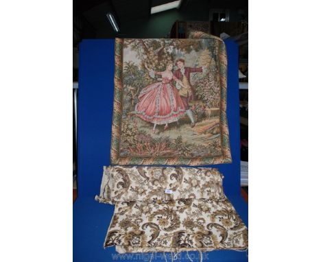 A Tapestry wall hanging 29'' x 40'' and a remnant of upholstery fabric in brown and cream.
