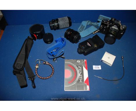 A Zenit II SLR Camera and accessories including Helios -44m-4 lens, Carl Zeiss Jena DDR , Hanimex 75.200mm lenses, Colora Aut