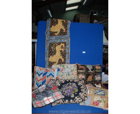 A quantity of needlepoint Cushions including one for two-seater bench, some a/f.