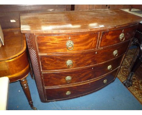 A late 19th c./circa 1900 bow front Mahogany Chest of three long and two short Drawers with ormolu drop ring handles (one rin