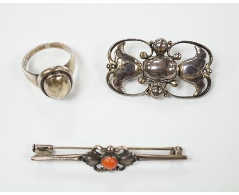 A Georg Jensen sterling and cabochon coral set bar brooch, design no. 214, 53mm, a similar Jensen brooch, design no. 236A, 37