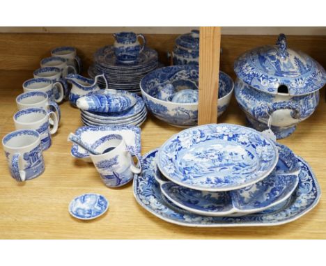 A collection of blue and white Spode Italian dinnerware to include mugs, plates and lidded tureen, largest 37cm wide. Conditi