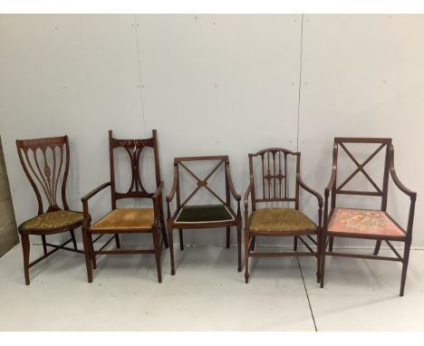 Five Shoolbred Edwardian / Art Nouveau inlaid mahogany side chairs, largest height 102cm. Condition - fair