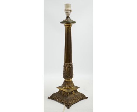 A heavy cast brass columnar table lamp, 48cm high (not including light fitting). Condition - good, but tarnished