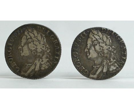 British silver coins, George II, two shilling coins, 1758, both fine/good fine and four sixpences, 1746, LIMA, fine, 1758/7, 