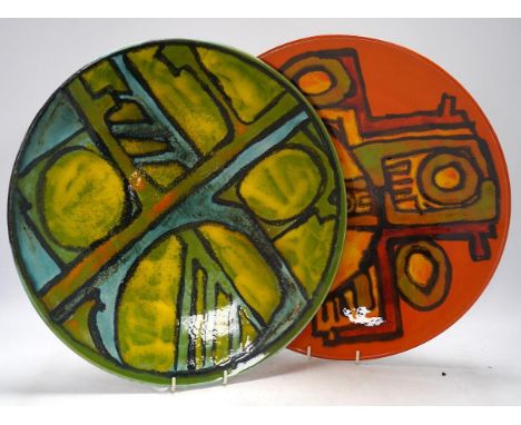 Two Poole Delphis chargers, 35cm. Condition - good