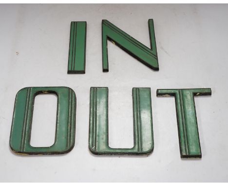 Art Deco green enamelled cast metal letters to spell ‘IN’ and ‘OUT’, 15cm tall. Condition - fair to good