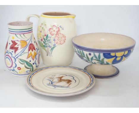 Eleven items of Poole pottery, from 1930’s to 50’s, including vases, jugs, mug and pedestal dish and pot and cover, tallest  