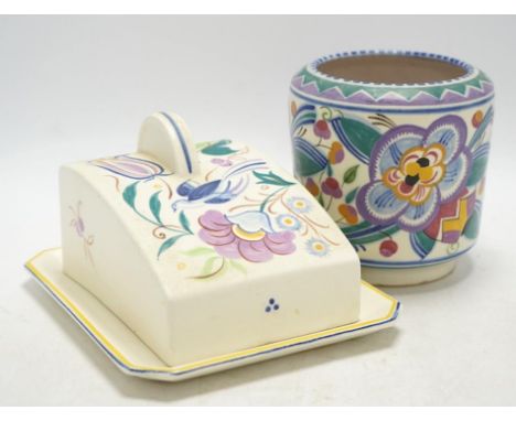 An early Poole pottery vase and a cheese dish and cover, vase 12cm tall. Condition - fair to good