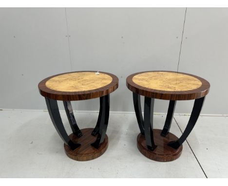 A pair of Art Deco style coromandel and bird's eye maple circular occasional tables, diameter 60cm, height 62cm. Condition - 