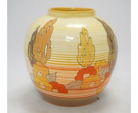 A Clarice Cliff Bizarre vase, 17cm high. Condition - fair to good Good condition; Capri pattern; curious large underglaze S b