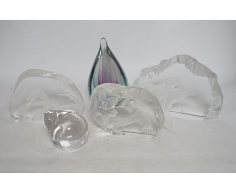 Three large iceberg shaped bird and bear signed glass paperweights, a small Goebel paper weight and another, tallest 16cm hig