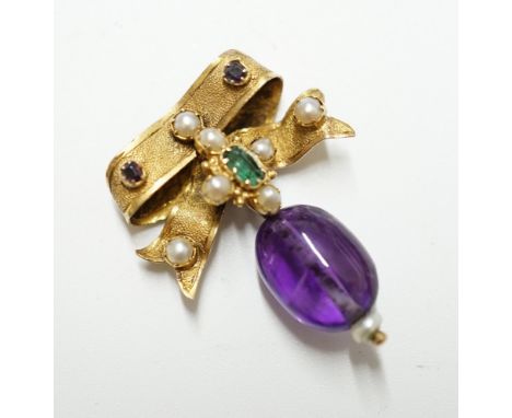 A late Victorian yellow metal, amethyst, emerald and seed pearl set drop brooch, 29mm, gross weight 3.2 grams. Condition - po