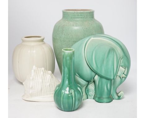 An Art Deco Spode's Royal Jade green glazed model of an elephant and four other pieces of Poole, Royal Lancastrian and Wedgwo