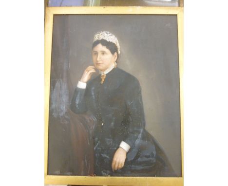 Late 19thC British School - a half length portrait, a woman wearing a lace trimmed dress and cap  oil on card  22'' x 15''  f