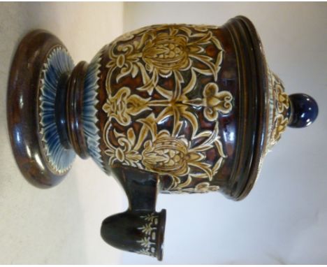 A late 19thC Doulton Lambeth green, blue and brown glazed stoneware Isobath inkwell of covered, pedestal cup design, decorate