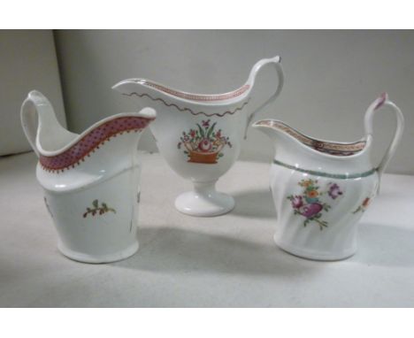 Three New Hall porcelain cream jugs, similarly decorated with flora, viz. one of helmet design (No.112); another of tapered, 