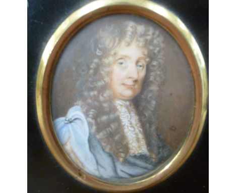 A late 18thC portrait miniature, a bewigged gentleman wearing a topcoat, on a lacquered wooden backplate  4.75'' x 4''
