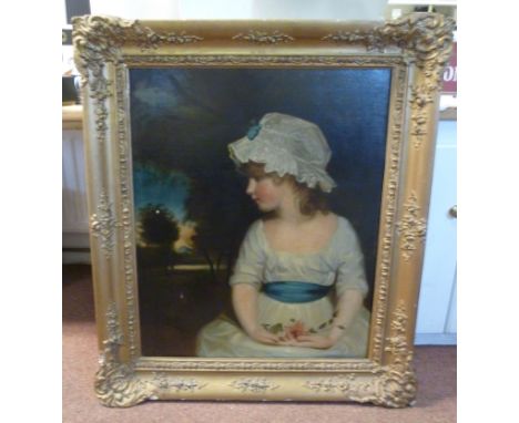 Late 19thC British School, in the manner of Sir Joshua Reynolds - a half-length portrait, a seated little girl with a blue bo