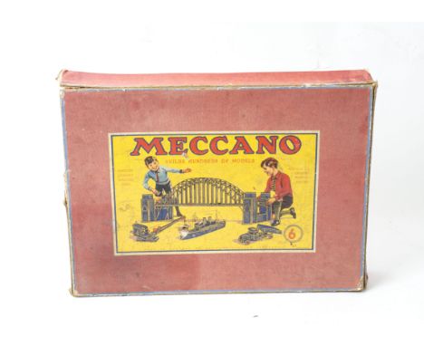 Meccano in Set 6 Box, loose blue and gold Meccano in a Set 6 box fitted with an inner tray including a blue working motor wit