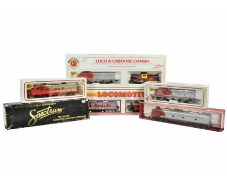 Sante Fe H0 Gauge silver and red Diesel Locomotives by various makers, Bachmann GE U36B  No 350, EMD F9 No 307, Spectrum GE D