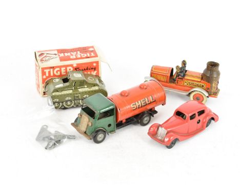 Clockwork Tinplate Vehicles, Tri-ang Minic Shell Petrol tanker, decals good (working F), Pocketoy by Brimtoy red Saloon car (