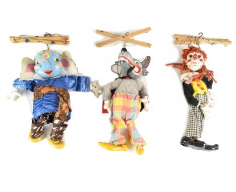 Pelham Puppets Elephant and others Puppets, blue top with brown and white trousers, in original box, puppet was acquired dire