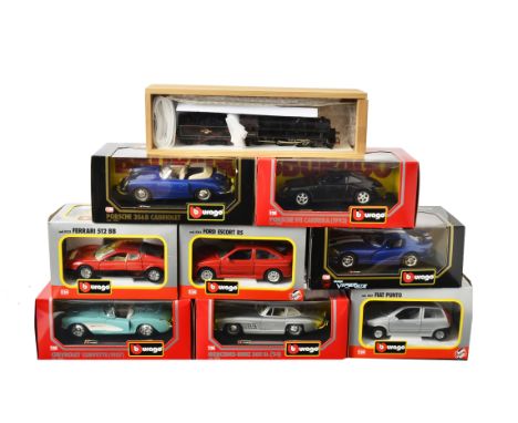 Burago 1:24 Scale Cars,  a boxed collection of vintage and modern vehicles, including Ferrari (4), Porsche, Chevrolet, Merced