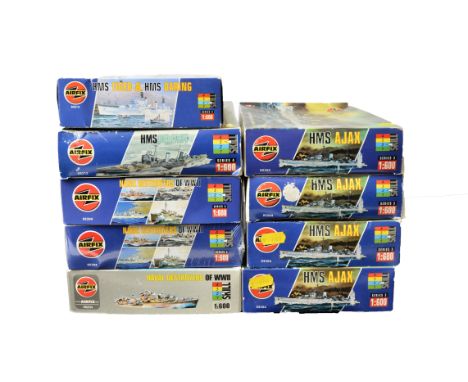 Airfix Naval Kits, a boxed group of nine 1:600 scale kits comprising 04212 HMS Belfast, 03204 HMS Ajax (4), 05204 Naval Destr