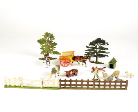Large quantity of Britains and other makers lead Farm Animals Carts and other Accessories, including Tumbrel Carts, Pump, Hil