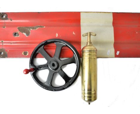 A BR Vitreous-enamelled Corrugated Home Signal Arm with Handwheel and Pyrene Extinguisher, the signal arm (without spectacle 