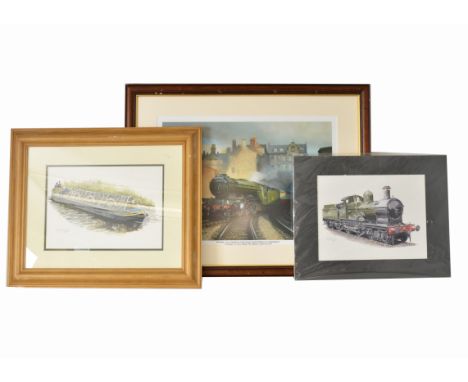 Jonathan Clay Water Colour Canal Barge with Limited Edition Railway and Tram Prints, a framed and glazed water colour depicti