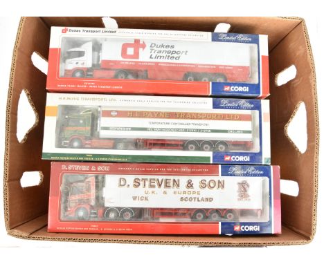 Corgi Haulage Vehicles, a boxed group of 1:50 scale models including Artic flat bed trailers with sheeted loads, 768 MAN Stil