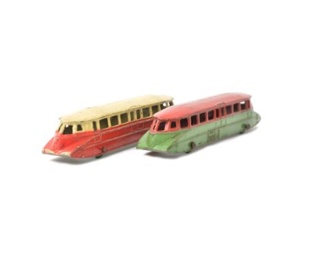 Prewar Dinky Railcars, two Meccano Dinky Toy GWR railcars one in red and cream livery the other green and red, both with some