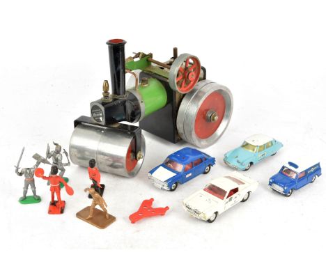 Postwar Diecast a Mamod Steam Roller and Swoppets and other Plastic Figures, Playworn private and commercial vehicles includi